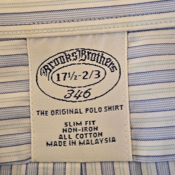 Brooks Brothers Mens Stripe Slim Fit Non-Iron Button Down Shirt Blue Size 17.5 - Picture 2 of 12